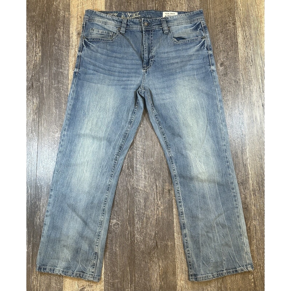 TK Axel Slim Boot Jeans Mens 38x32 (FITS 38x29) Blue Contrast Stitch Flap Pocket